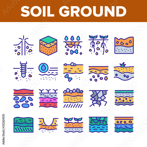Soil Ground Research Collection Icons Set Vector. Soil Ground With Old Bone And Geyser  Drilling And Watering  Fertile And Desert Concept Linear Pictograms. Color Illustrations