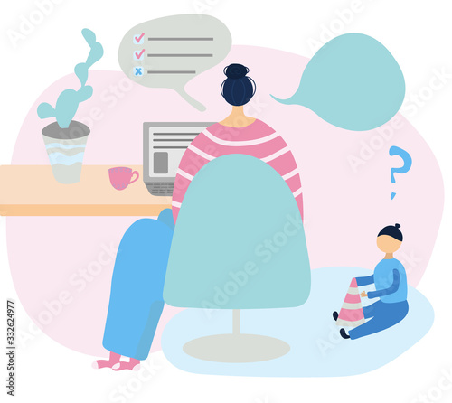 Cute young mom freelancer works at home at the loptop.