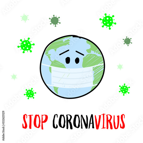 Stop coronavirus vector content. Hand drawn earth planet in a medical face mask