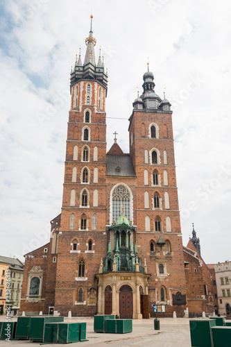 St. Mary's basilica in main square of Krakow. Poland's historic center, a city with ancient architecture. Cracow, Poland.