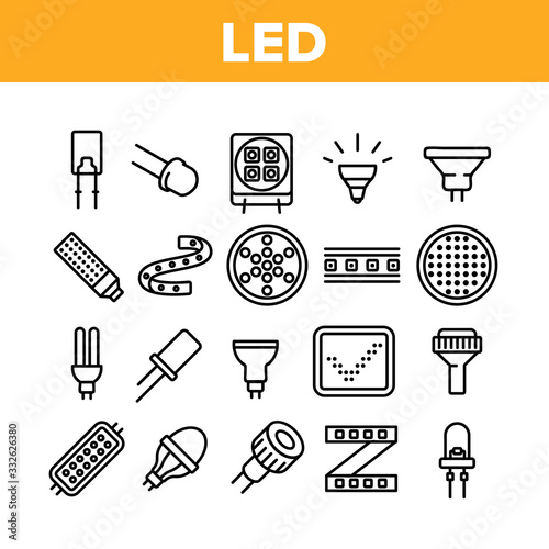 Led Lamp Equipment Collection Icons Set Vector. Led Technology Light Device, Lighting Tape And Lightbulb, Screen And Diode Concept Linear Pictograms. Monochrome Contour Illustrations