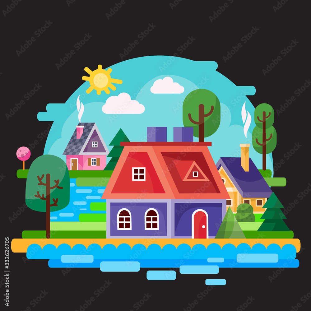 landscape of a small village among trees, bushes, grass and a river against a blue sky, black background, for games, vector illustration,