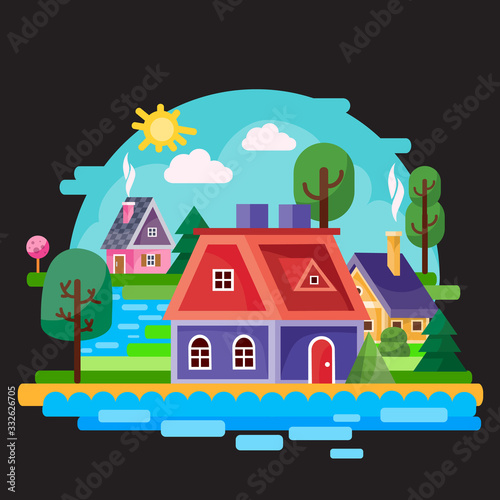 landscape of a small village among trees, bushes, grass and a river against a blue sky, black background, for games, vector illustration, © Oxana Kopyrina