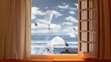 open window with sea view and flying seagulls, no people