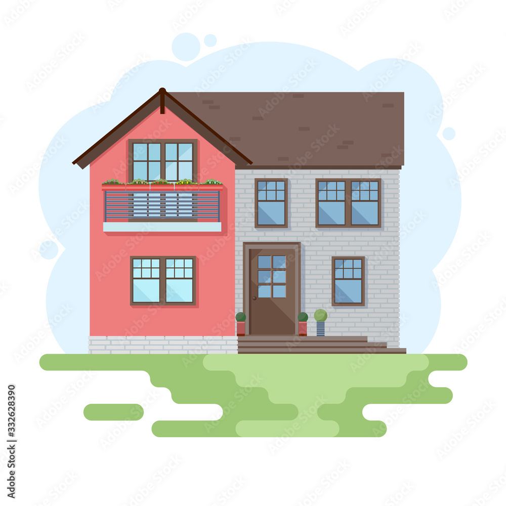 Stylish house against the sky and other elements of the environment. House in a flat style. Vector
