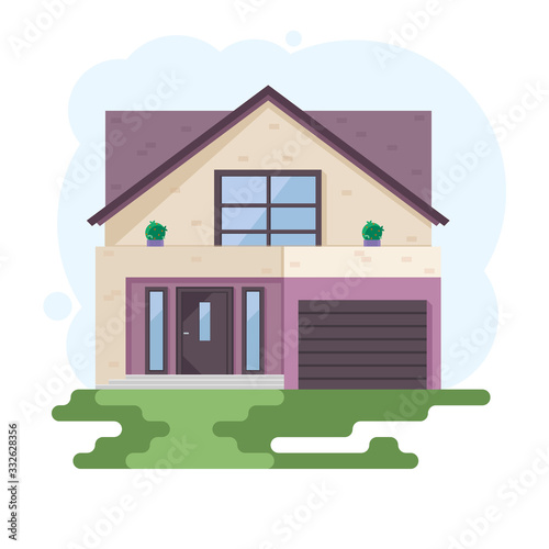 Stylish house against the sky and other elements of the environment. House in a flat style. Vector