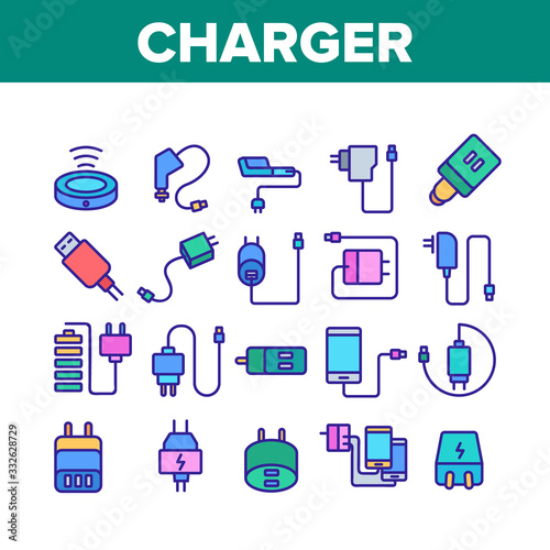 Charger Energy Device Collection Icons Set Vector. Wireless And Cable Electrical Charger, Car And Usb Charging Cord, Smartphone Battery Tool Concept Linear Pictograms. Color Illustrations