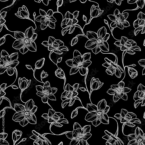 Seamless narcissus pattern, white background, textile design