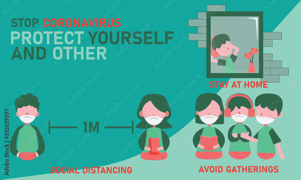 Fototapeta premium stop corona-virus COVID-19 outbreak.Protect yourself and other. quarantine stay at home, avoid gathering, and social distancing. vector flat design.