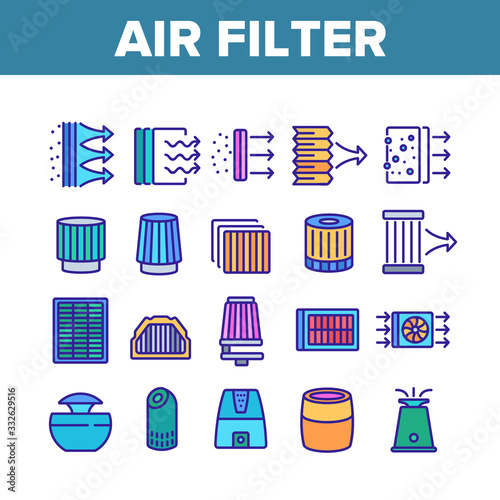 Air Filter And Airflow Collection Icons Set Vector. Car And Conditioner Air Filter Equipment, Domestic Device For Filtration Concept Linear Pictograms. Color Illustrations