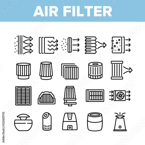 Air Filter And Airflow Collection Icons Set Vector. Car And Conditioner Air Filter Equipment, Domestic Device For Filtration Concept Linear Pictograms. Monochrome Contour Illustrations