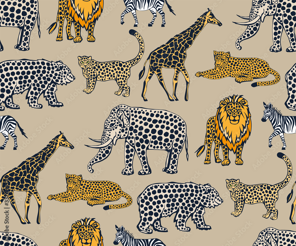 Obraz premium Vector background hand drawn exotic wild animals. Hand drawn ink illustration. Modern ornamental decorative background. Vector pattern. Print for textile, cloth, wallpaper, scrapbooking