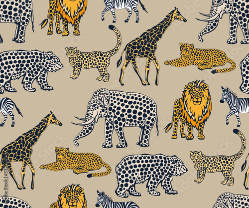 Vector background hand drawn exotic wild animals. Hand drawn ink illustration. Modern ornamental decorative background. Vector pattern. Print for textile, cloth, wallpaper, scrapbooking