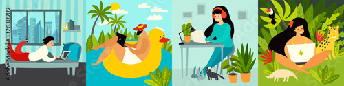 Freelancer people with laptop working vector illustration collection. Digital nomad characters, home office and tropical workplace. Work on travel lifestyle concept. Seamless pattern background
