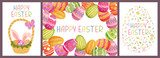 Happy Easter greeting card with easter ornaments and decorative elements. Eggs, chickens, butterfly, rabbit, flowers