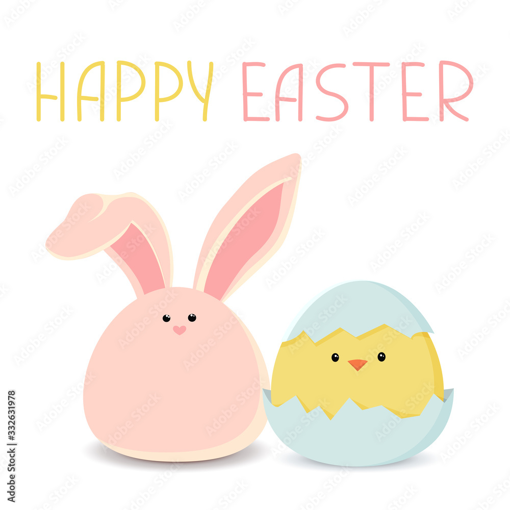 Easter card with a hatching chick and rabbit. Vector illustration in simple flat style. Colorful stock illustration Easter card with a hatching chick and rabbit. Vector illustration in simple flat style. Colorful stock illustration