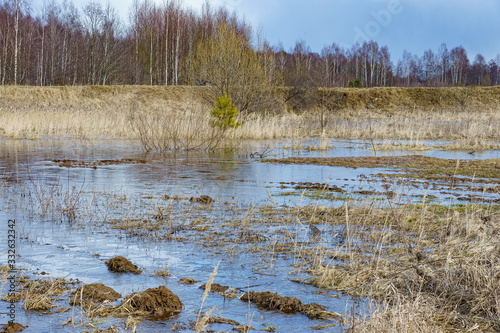 field flooded with water during the spring flood of rivers