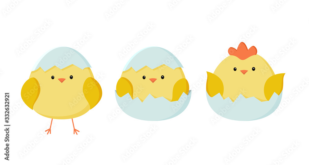 Chicken icon set. A sweet yellow Easter chickens is sitting waiting for Easter. Vector illustration in simple flat style