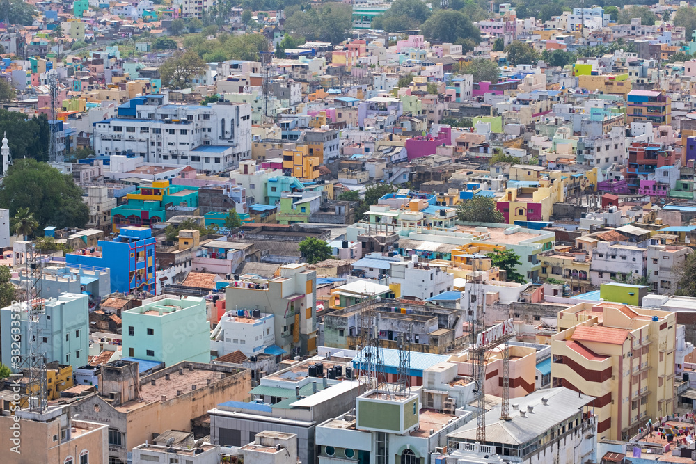 Aerial view of the colorful housing in the center of the Indian city of trichy in Tamil Nadu state