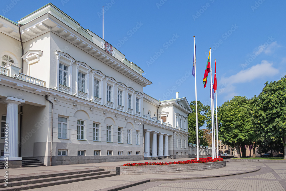 Presidential palace on Daukanto square (Simono Daukanto aikste) - official residence of President of Lithuania in Vilnius old town. Vilnius, Lithuania.