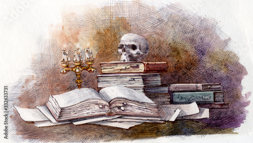 Drawing of old things. Old books and scrolls. Multi- colored drawing on paper. Open book. Vintage style.
