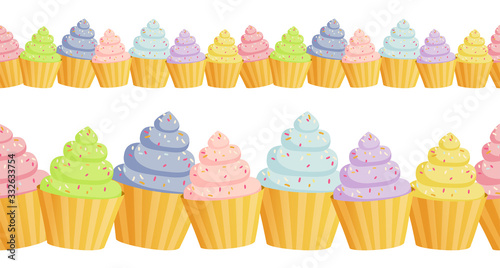 Vector seamless horisontal border with easter cupcakes. Happy Easter ornaments and decorative elements.