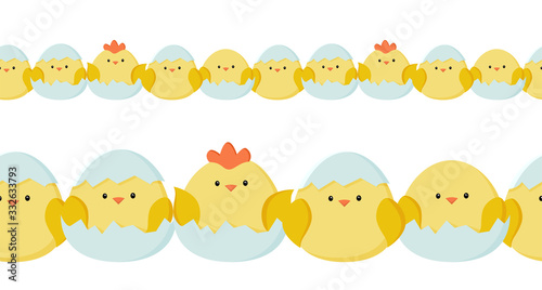 Vector seamless horisontal border with easter Chicken. Vector illustration in simple flat style.