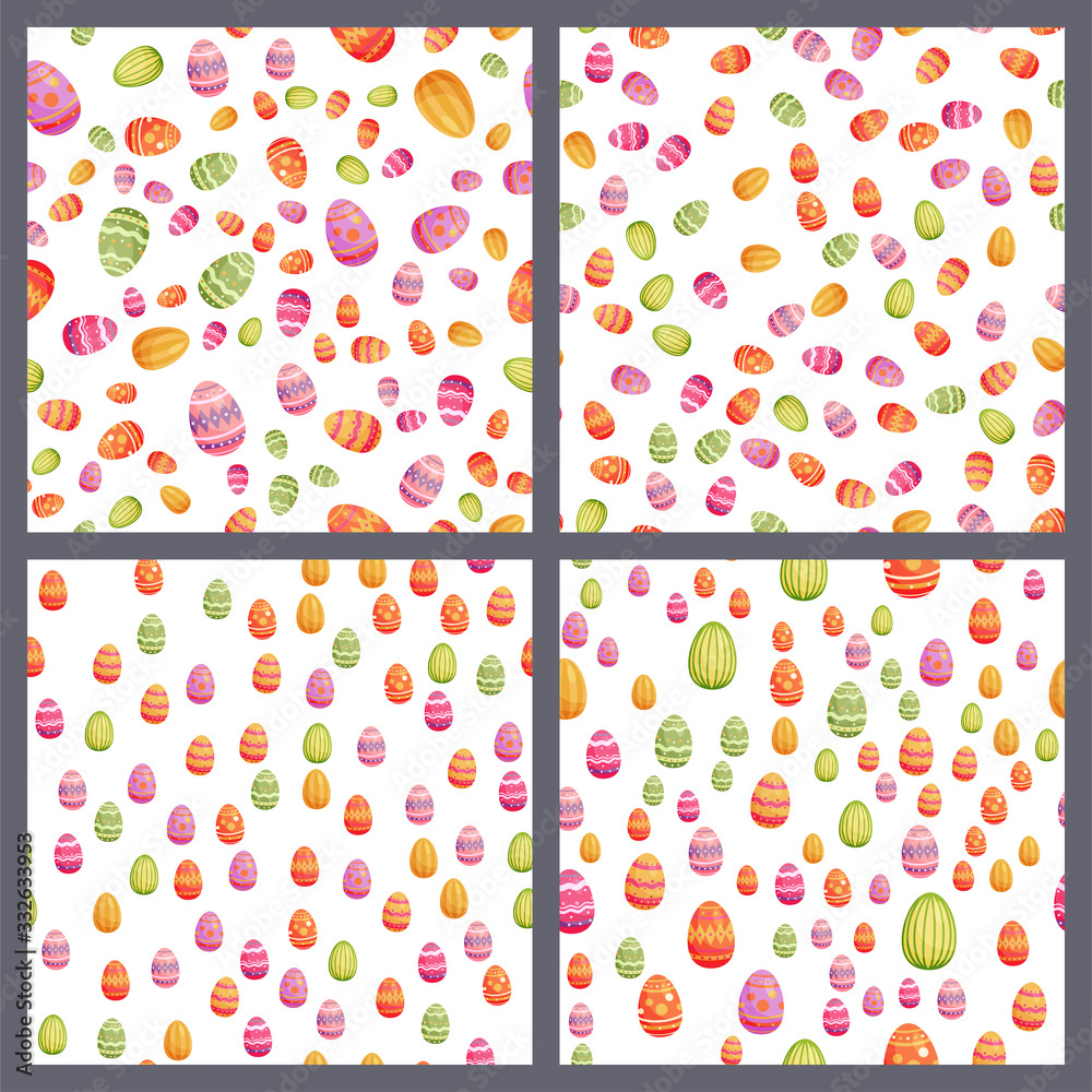 Set of vector seamless pattern with easter eggs. Happy Easter ornaments and decorative elements. For greeting cards.