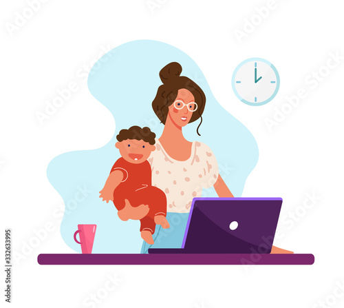 A modern woman holds a child in her arms and works at a computer. Concept illustration about choosing a career or family, distant work, career, freelance. Flat cartoon illustration isolated on white