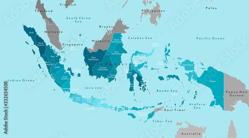 Vector modern illustration. Simplified geographical  map of Indonesia and neighboring countries (Malaysia, Brunei and etc). Blue background of Indians ocean and seas. Names of Indonesian provinces
