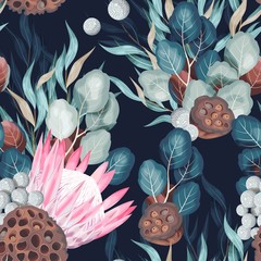 Keuken achterwand Vintage stijl patronen Vector seamless pattern with protea and greenery  © olga_igorevna
