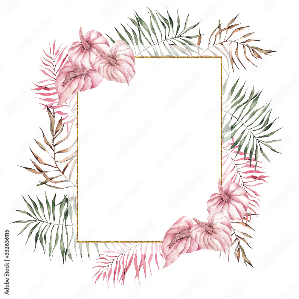 Frame with watercolor hand draw tropical leaves and flowers, isolated on white background, for cards, print, invitations