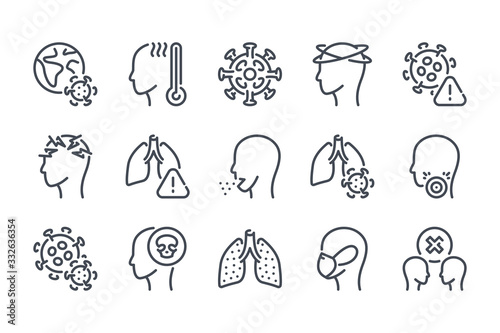 Coronavirus and virus infection related line icon set. Coronavirus symptoms linear icons. Coronavirus disease outline vector signs and symbols collection.