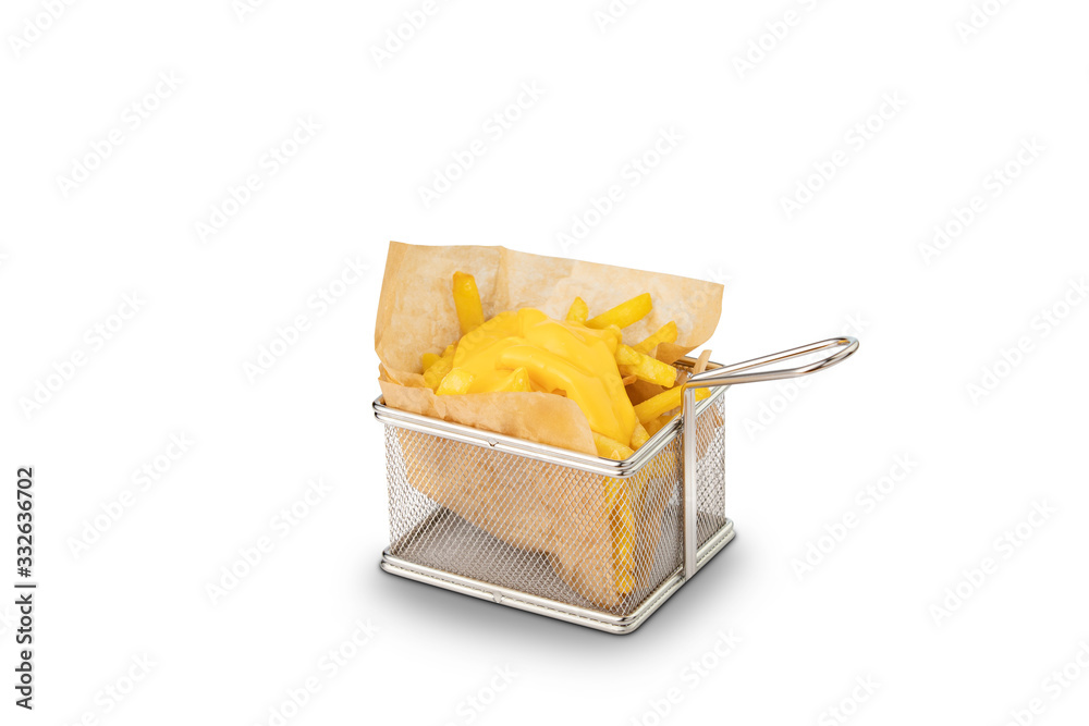 French fried potatoes close up on small square steel fryer basket cooking tool. Fries with non-melted cheese on top, served on a mini deep frying stainless steel basket grid food strainer with handle.