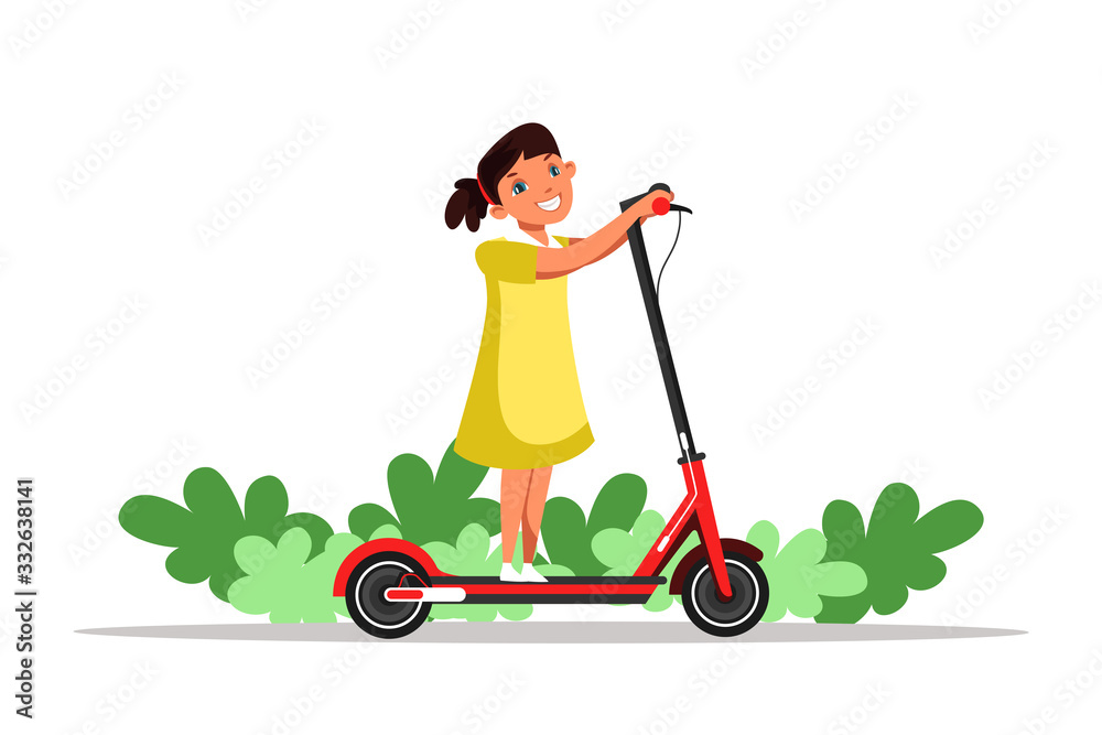 Girl riding scooter flat illustration