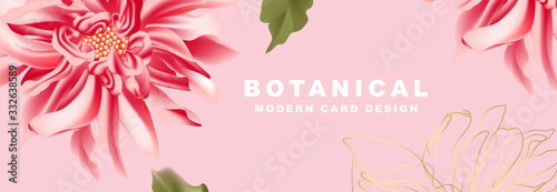 Dahlia in Red pink, flower bloom wide banner background, wedding template, floral website header. Realistic nature frame with typography, vector
