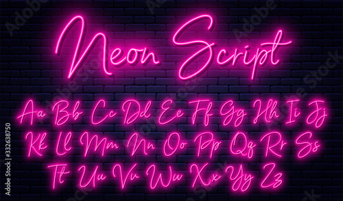 Glowing neon script alphabet. Neon font with uppercase and lowercase letters. Handwritten english alphabet with neon light effect photo
