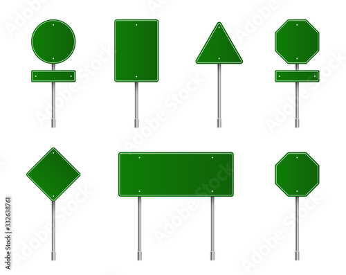 Set of green road signs. Blank traffic signs, highway boards, signpost and signboard. Realistic traffic signs isolated on transparent background