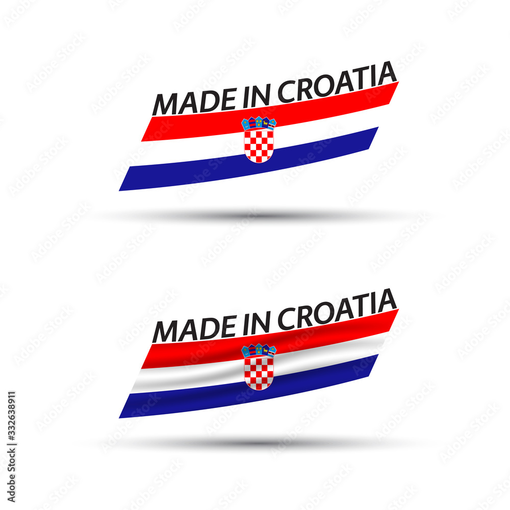 Two modern colored vector flags with Croatian tricolor isolated on white background, flags of Croatia, Croatian ribbons, Made in Croatia