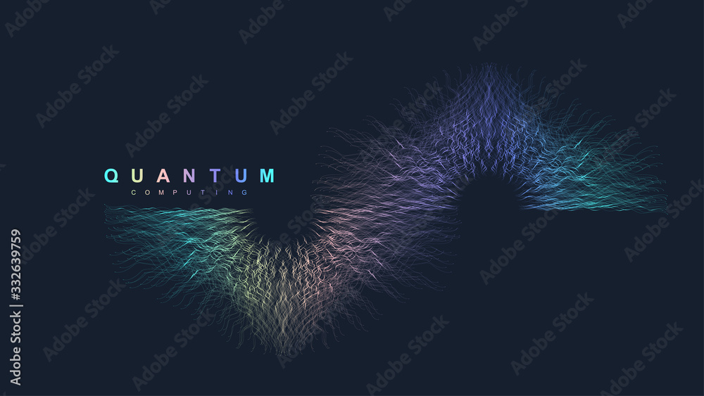 Quantum computer technology concept. Sphere explosion background. Deep learning artificial intelligence. Big data algorithms visualization. Waves flow. Quantum explosion, vector illustration.