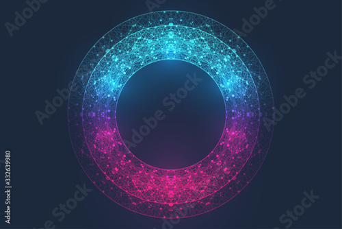 Circular quantum computer technology concept. Sphere explosion background. Deep learning artificial intelligence. Big data algorithms visualization. Waves flow. Quantum explosion, vector illustration