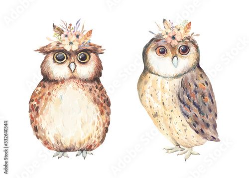 Watercolor cute boho owls. Watercolor owl with flowers on the head.  Watercolor forest baby animal print. 