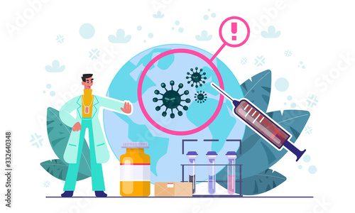 Epidemiology. Medical chemistry laboratory. Health danger. Tiny bacteria pandemic outbreak research. Sanitary condition prevention virus microscopic bacteria infection Cartoon flat vector illustration