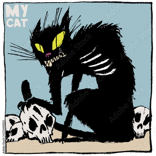 Image of a dark cat with skulls. Calligraphy. Color vector illustration. Can be used in social networks, for articles, publications, postcards, prints, posters.