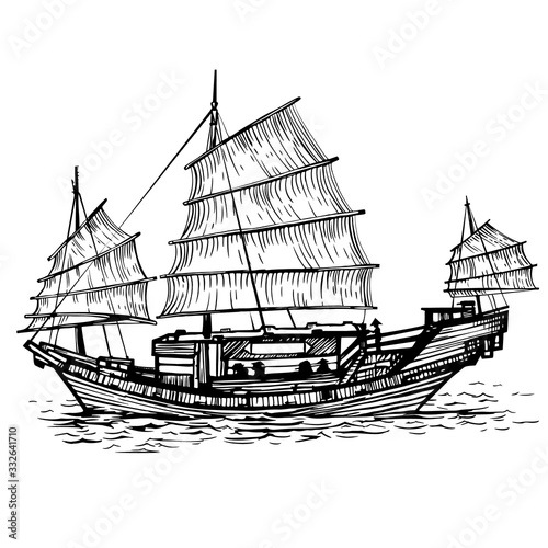 Black and white vector illustration of Chinese ship
