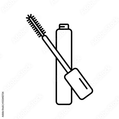Open tube of mascara icon. Linear logo of makeup. Black simple illustration of eyelash brush and container. Contour isolated vector emblem on white background