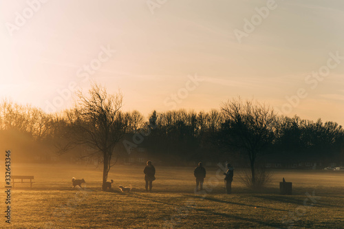 Dog walkers in the fog