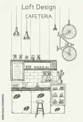 Cosy atmosphere loft cafeteria sketch illustration