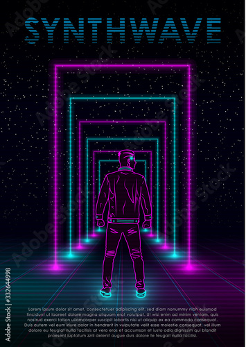 Retrowave synthwave vaporwave illustration with neon man, perspective laser grid and neon rectangular portals on starry space background. Design for flyer, poster, invitation card. Eps 10.