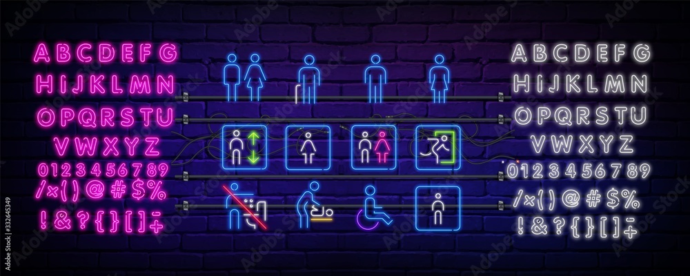 A glowing neon set of safety signs is isolated against a brick wall. A symbol of protection. Security check icon. Alphabet of neon light. vector illustration